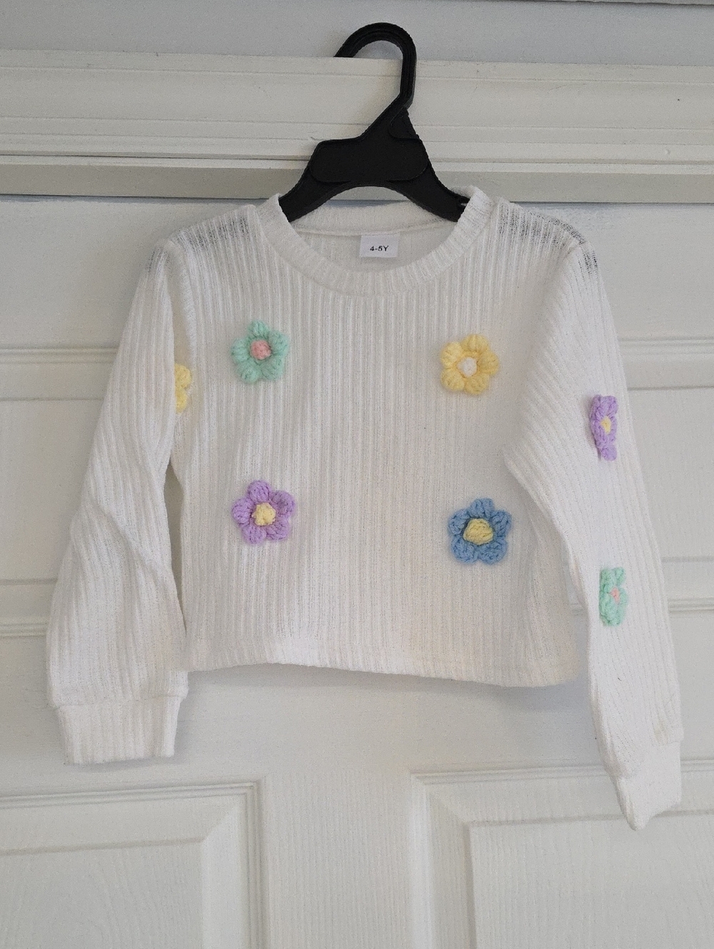 White Long Sleeve Kids Sweater with Pastel Flower Appliqués